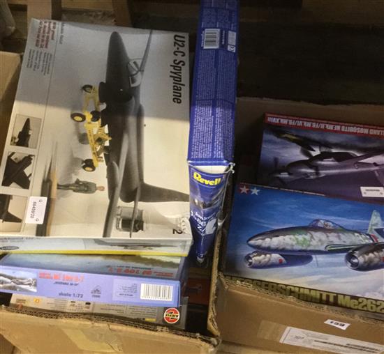 Quantity of model aircraft kits, various sizes/makers (boxed, most good), airbrush set, CD set etc